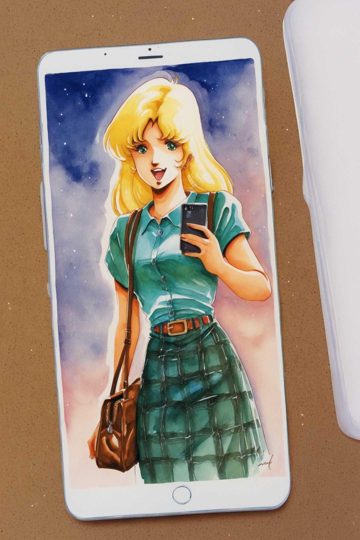 31887-3504855406-Misa Hayase,1girl,1980s (style),retro artstyle,blonde hair,phone,long hair,solo,plaid,bag,skirt,open mouth,holding,cellphone,tal.png